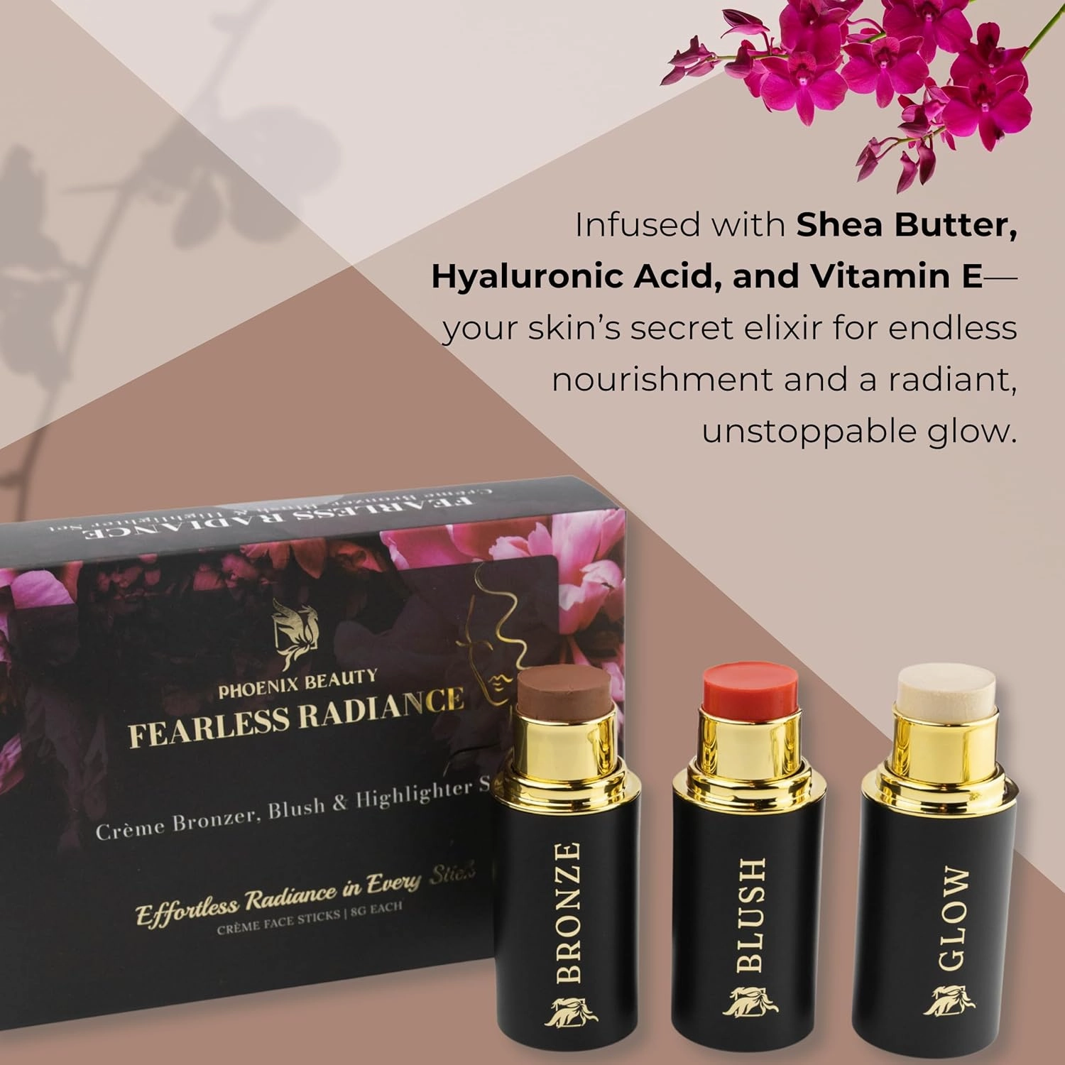 Contour Trio - Cream Bronzer, Blush & Highlighter Set – Pigmented, Buildable & Hydrating w. Shea Butter, Vitamin E & Hyaluronic Acid, Gift Set, Summer Glow (Luminous, Regular Trio)