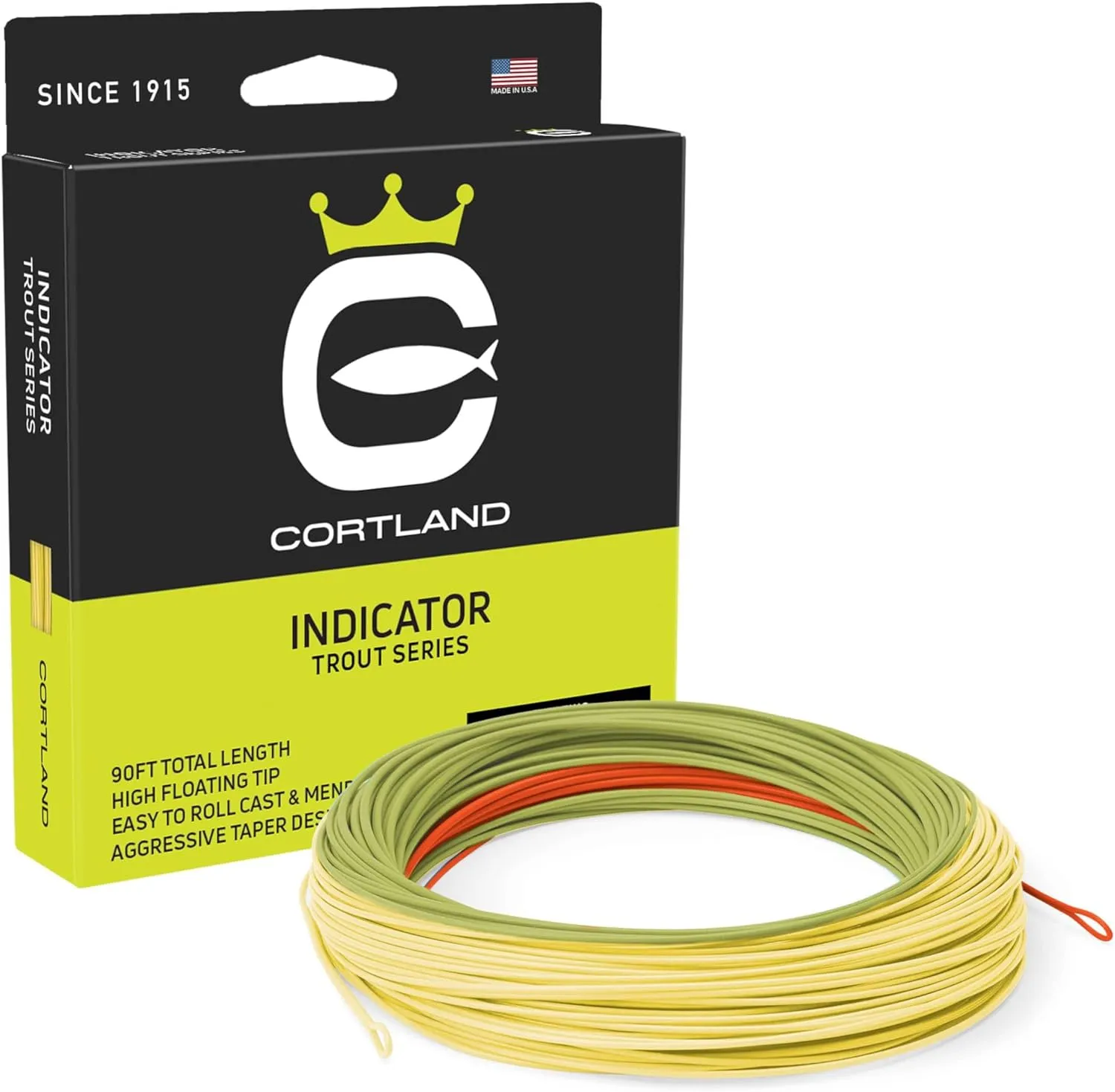 Cortland Fly Line - Indicator, 5 Weight, 90ft, High Float Tip, Fire Orange, Moss Green, Pale Yellow