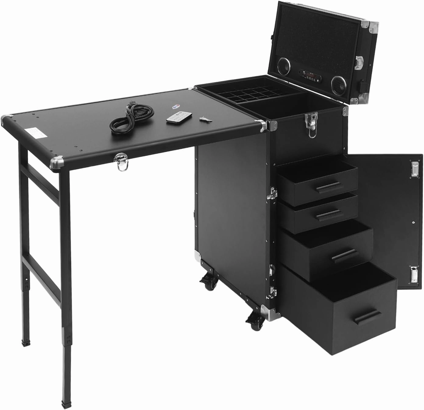 Cosmetic Trolley Storage Organizer, Foldable Nail Tables with 4 Drawers Mirror&Speaker for Hair Stylists Pet Groomers Makeup Artists Technician Workstation Salon