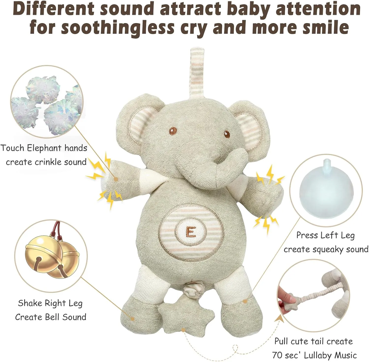 COTTONEBEBE Organic Baby Toys, Stuffed Animal Toy with Lullaby Music for Infant Babies 0 3 6 12 to 36 Months Boy & Girl,Ideal Gift for Newborn (Little Elephant, Cotton)