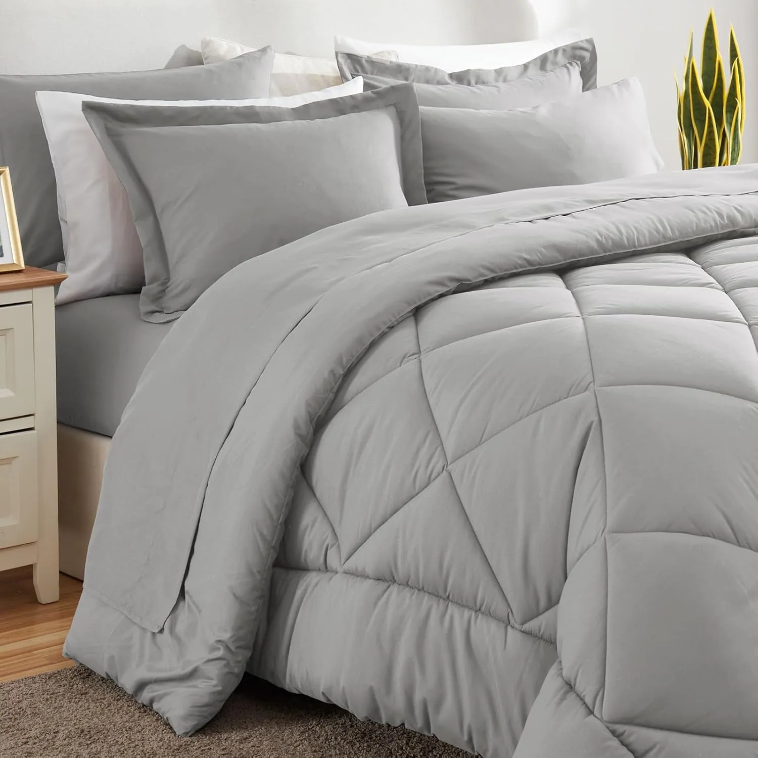 CozyLux Queen Comforter Set Light Grey - Bed in a Bag Queen Size 7 Pieces, Luxury Soft Bed Set for All Seasons, Bedding Set with Down Alternative Comforter, Sheets, Pillowcases & Shams