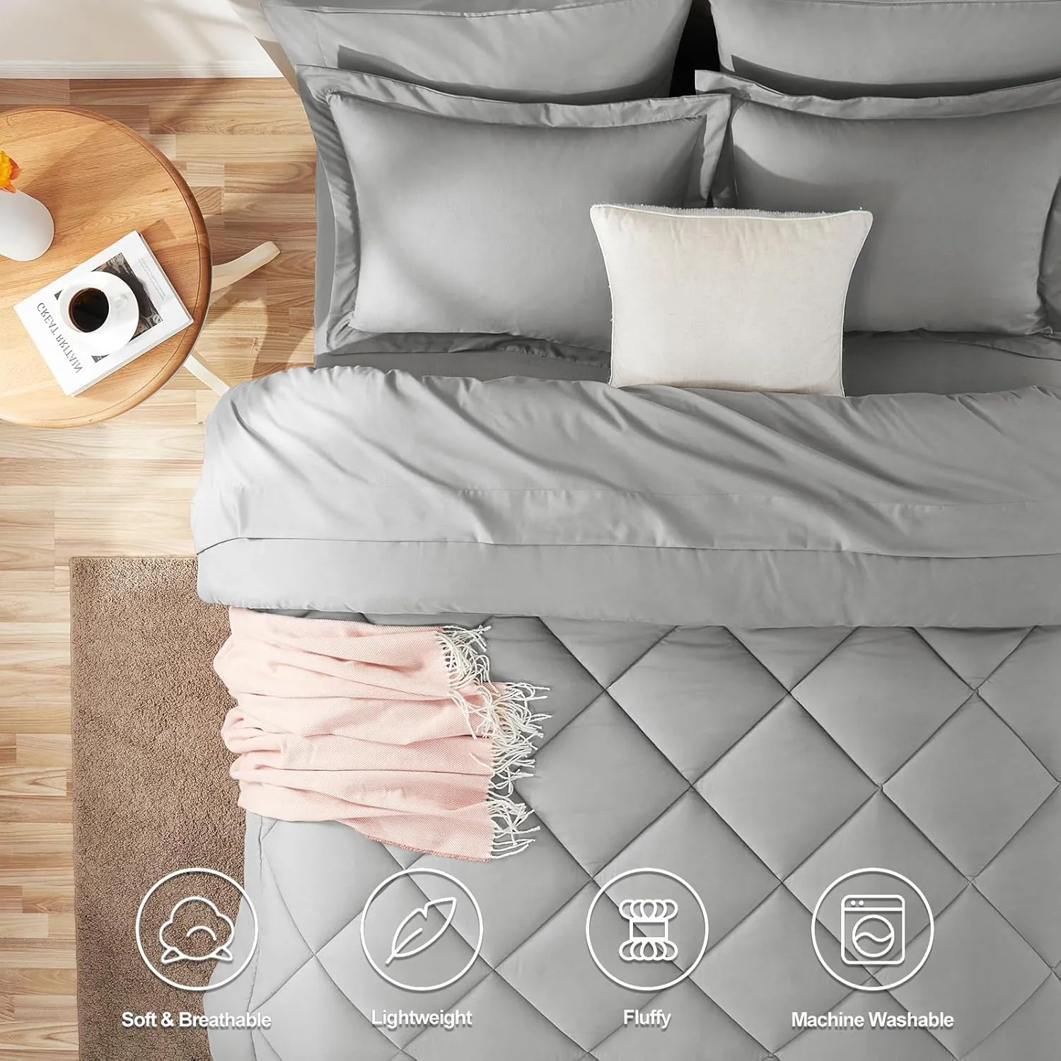 CozyLux Queen Comforter Set Light Grey - Bed in a Bag Queen Size 7 Pieces, Luxury Soft Bed Set for All Seasons, Bedding Set with Down Alternative Comforter, Sheets, Pillowcases & Shams