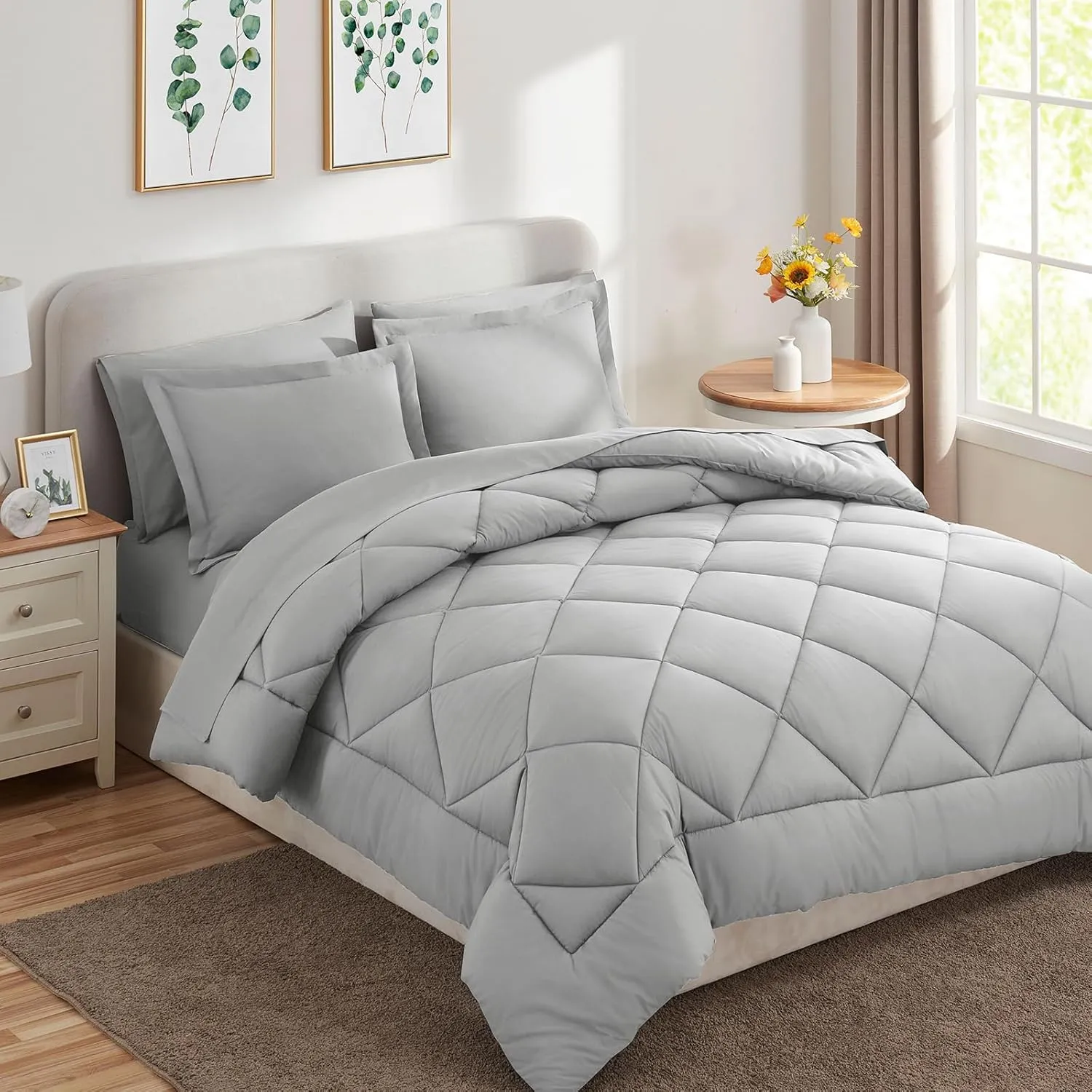 CozyLux Queen Comforter Set Light Grey - Bed in a Bag Queen Size 7 Pieces, Luxury Soft Bed Set for All Seasons, Bedding Set with Down Alternative Comforter, Sheets, Pillowcases & Shams