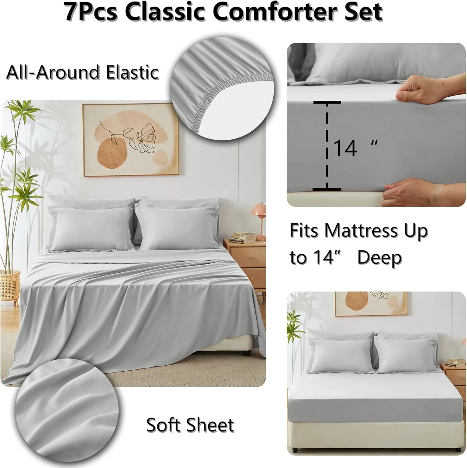 CozyLux Queen Comforter Set Light Grey - Bed in a Bag Queen Size 7 Pieces, Luxury Soft Bed Set for All Seasons, Bedding Set with Down Alternative Comforter, Sheets, Pillowcases & Shams