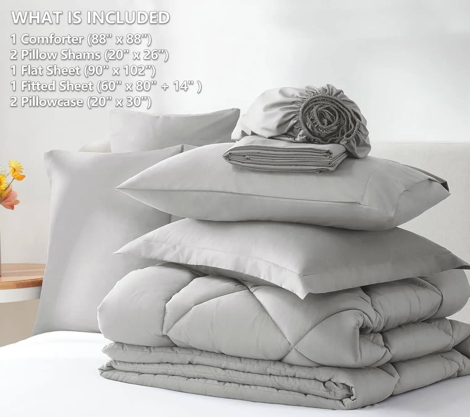 CozyLux Queen Comforter Set Light Grey - Bed in a Bag Queen Size 7 Pieces, Luxury Soft Bed Set for All Seasons, Bedding Set with Down Alternative Comforter, Sheets, Pillowcases & Shams