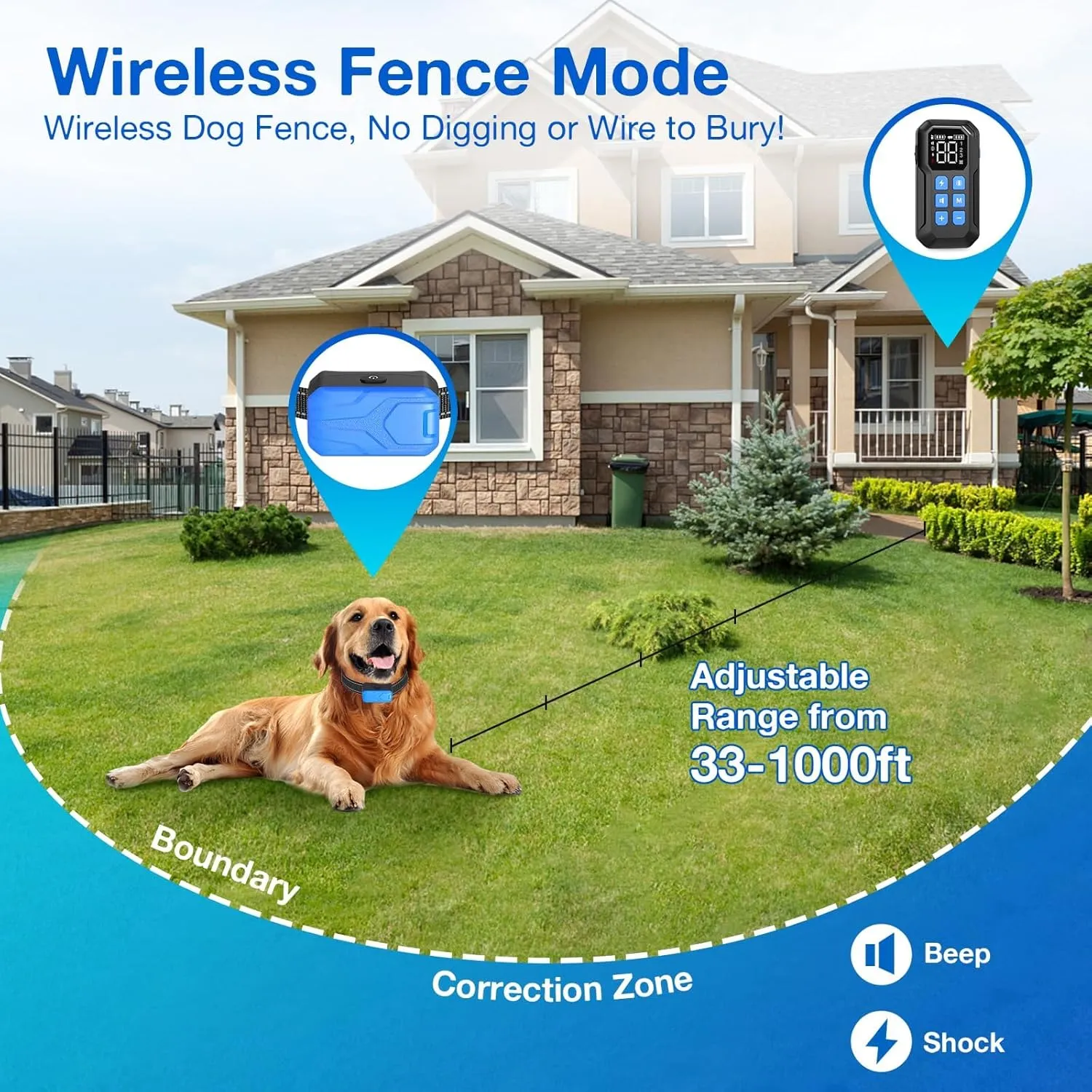 CPPSLEE Wireless Fence for Dogs, Electric Dog Fence, Wireless Dog Fence, Electric Fence for Dogs, 2 in 1 Wireless Dog Fence System and with Waterproof Dog Training Collar