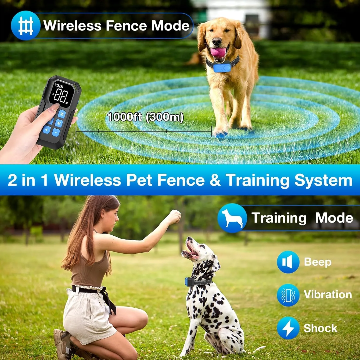 CPPSLEE Wireless Fence for Dogs, Electric Dog Fence, Wireless Dog Fence, Electric Fence for Dogs, 2 in 1 Wireless Dog Fence System and with Waterproof Dog Training Collar