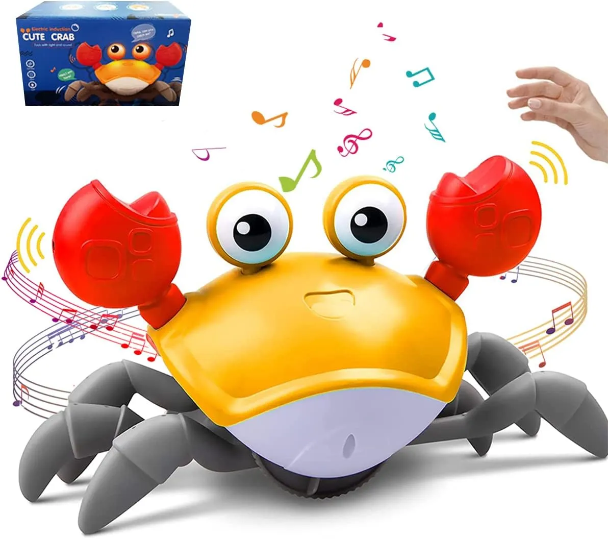 Crawling Crab Toys with Light Up and Music, Interactive Crawling Toy with Automatically Avoid Obstacles, USB Rechargeable, Fun Moving Toy for Babies, Toddlers and Kids (Orange)