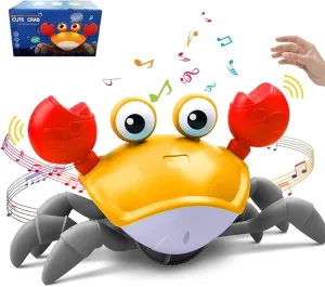 Crawling Crab Toys with Light Up and Music, Interactive Crawling Toy with Automatically Avoid Obstacles, USB Rechargeable, Fun Moving Toy for Babies, Toddlers and Kids (Orange)