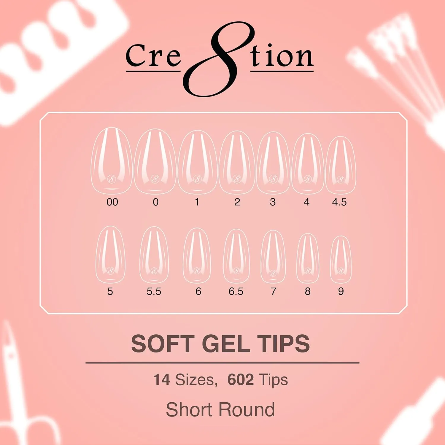 Cre8tion Soft Gel Nail Tips, Short Round Shape, 602 Tips in 14 Sizes (00-9) for Professional Nail Extensions