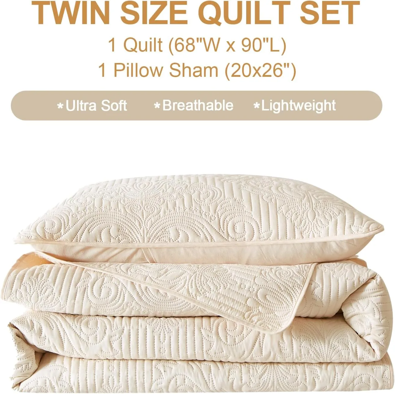Cream Quilt Set Twin Size - Lightweight Summer Bedspread, Soft Oversized Twin Quilt Bedding Set for All Seasons, Machine Washable, 3 Pieces