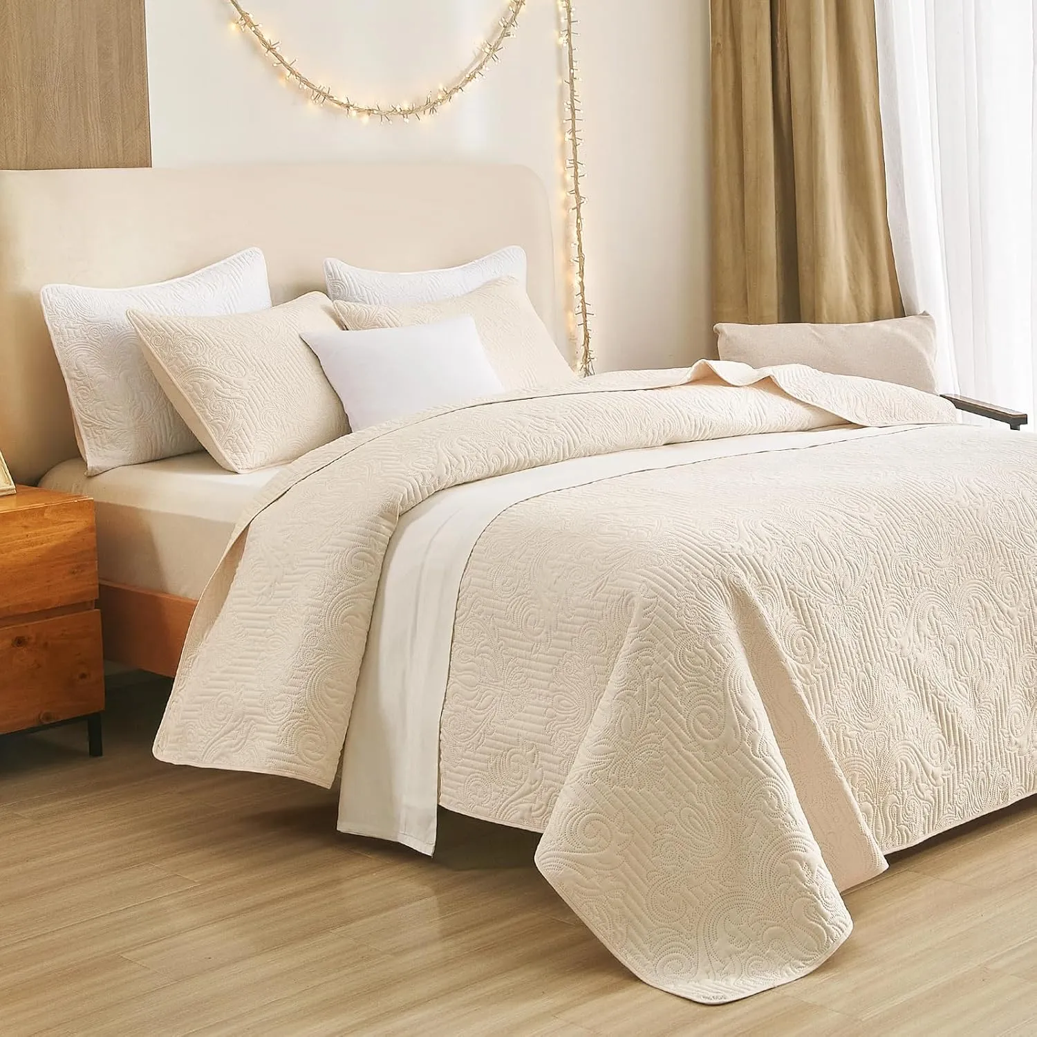 Cream Quilt Set Twin Size - Lightweight Summer Bedspread, Soft Oversized Twin Quilt Bedding Set for All Seasons, Machine Washable, 3 Pieces