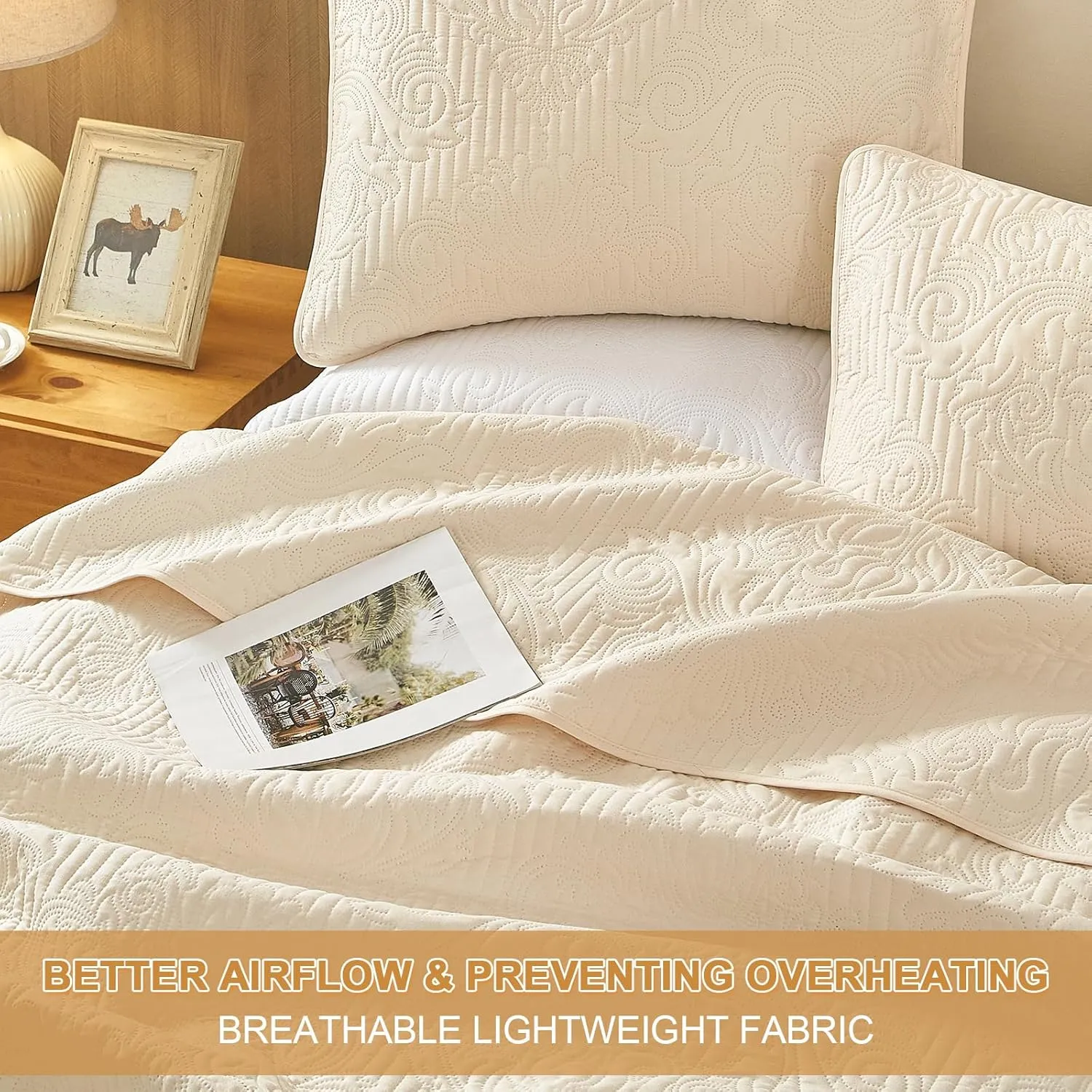Cream Quilt Set Twin Size - Lightweight Summer Bedspread, Soft Oversized Twin Quilt Bedding Set for All Seasons, Machine Washable, 3 Pieces