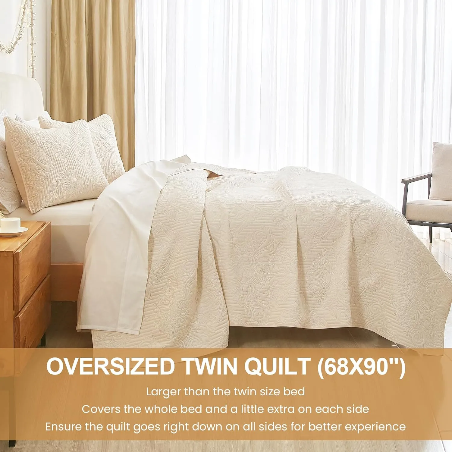 Cream Quilt Set Twin Size - Lightweight Summer Bedspread, Soft Oversized Twin Quilt Bedding Set for All Seasons, Machine Washable, 3 Pieces