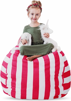Creative QT Stuff ’n Sit Large 33’’ Bean Bag Storage Cover for Stuffed Animal & Toy, Giant Bean Bag Chair Storage for Toddler & Kids Room Organizer, Hot Pink/White Stripe Stuffed Animal Storage Cover