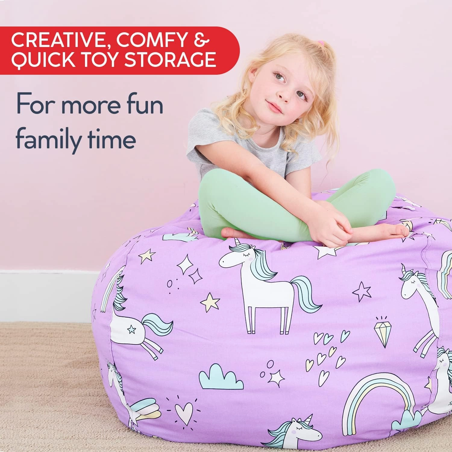 Creative QT Stuff ’n Sit Large 33’’ Bean Bag Storage Cover for Stuffed Animal & Toy, Giant Bean Bag Chair Storage for Toddler & Kids Room Organizer, Hot Pink/White Stripe Stuffed Animal Storage Cover