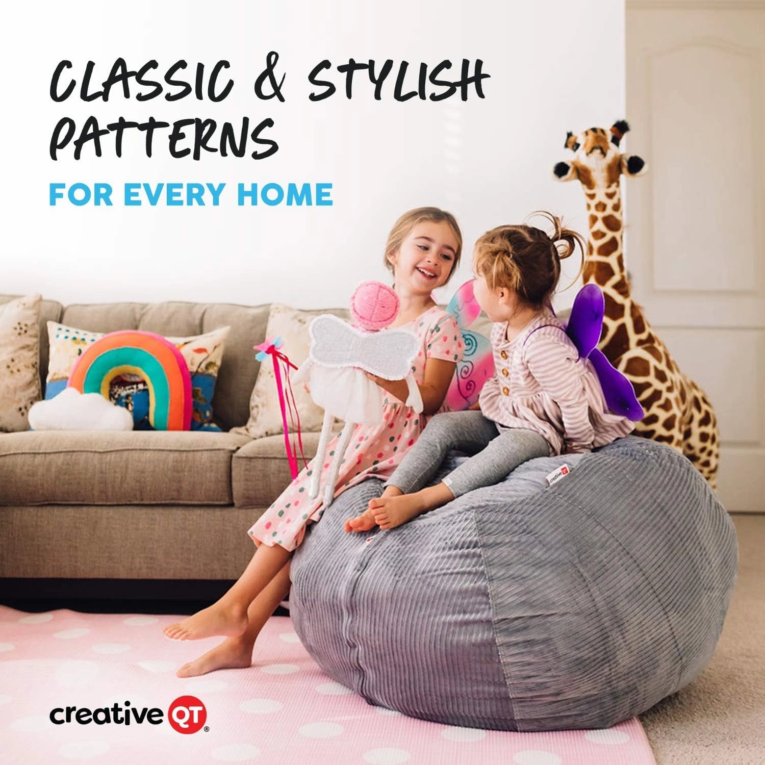 Creative QT Stuff ’n Sit Large 33’’ Bean Bag Storage Cover for Stuffed Animal & Toy, Giant Bean Bag Chair Storage for Toddler & Kids Room Organizer, Hot Pink/White Stripe Stuffed Animal Storage Cover