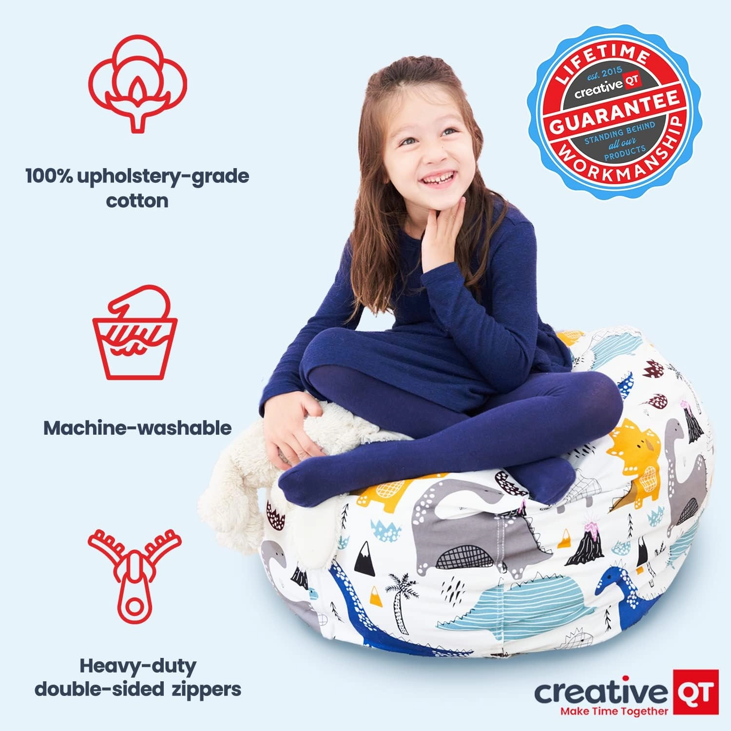 Creative QT Stuff ’n Sit Large 33’’ Bean Bag Storage Cover for Stuffed Animal & Toy, Giant Bean Bag Chair Storage for Toddler & Kids Room Organizer, Hot Pink/White Stripe Stuffed Animal Storage Cover