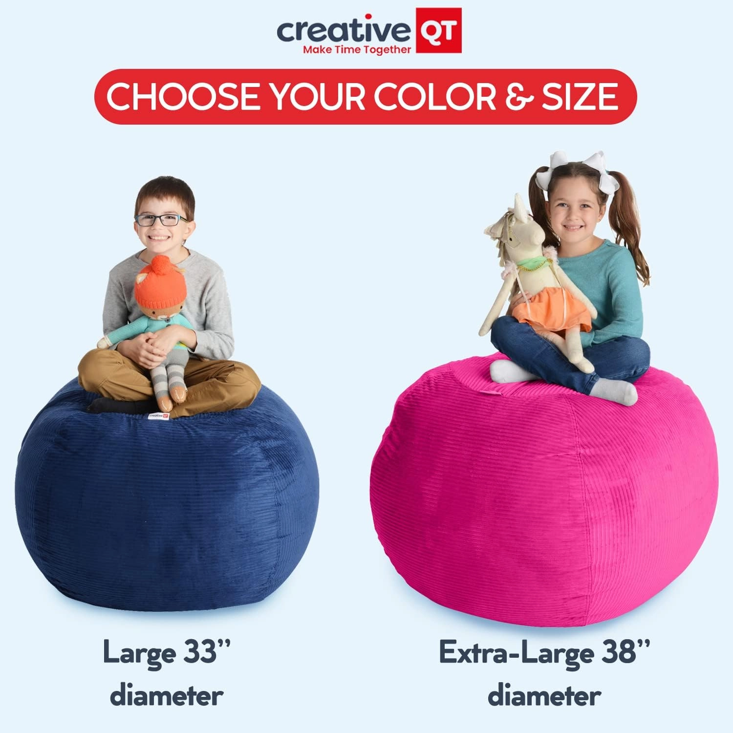 Creative QT Stuff ’n Sit Large 33’’ Bean Bag Storage Cover for Stuffed Animal & Toy, Giant Bean Bag Chair Storage for Toddler & Kids Room Organizer, Hot Pink/White Stripe Stuffed Animal Storage Cover
