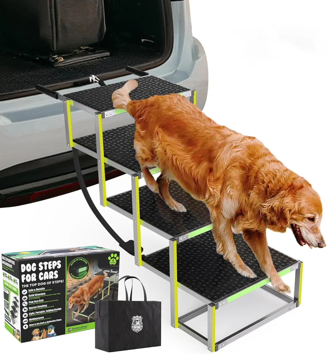 CreatureCops™ Dog Steps for Car | Glow-in-The-Dark, 175lb Support | Foldable, Non-Slip Dog Stairs for Large Dogs | Lightweight Aluminum with Carry Bag | 4 Steps for Car & Home