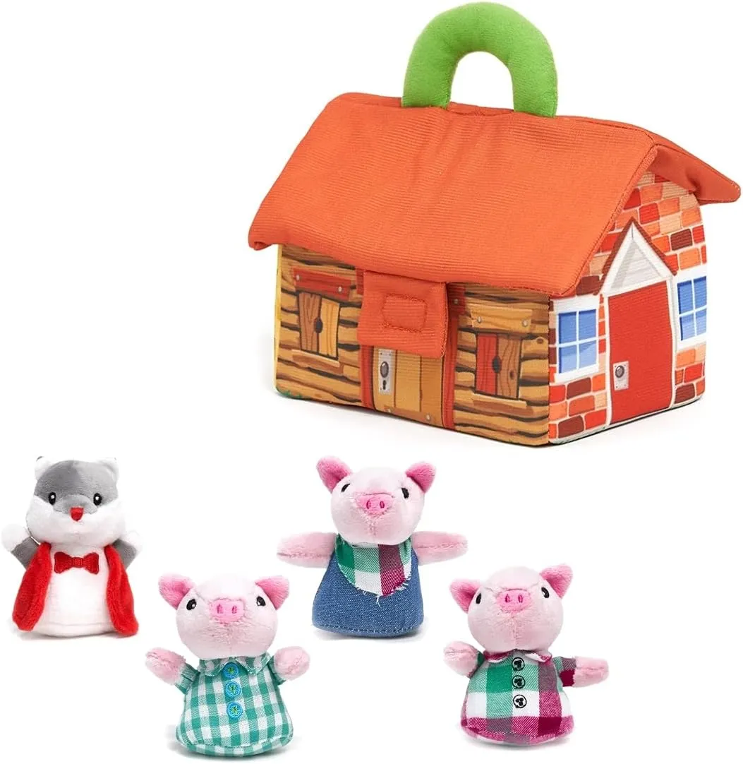 Cuddle Barn - Three Little Pigs Storytime Playset | Children's Fairy Tale Story Stuffed Animal Portable House Plush Playset, 4 Characters, 7 Inches