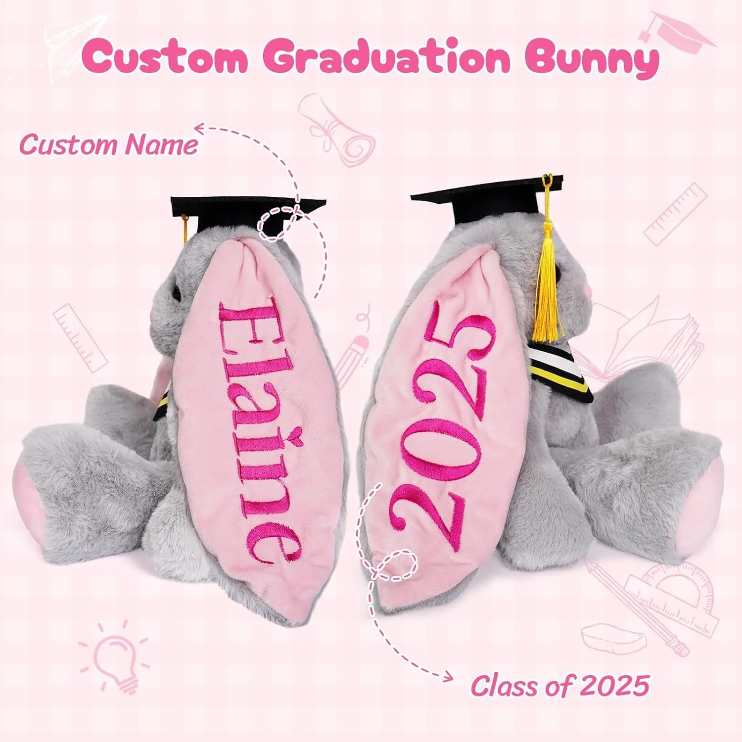 Custom Graduation Plush Bunny Gift 2025 for Her Him, Embroidered Bunny Graduation Stuffed Animal with Name for Kids Girls Boys, Kindergarten High School College Graduation Gifts
