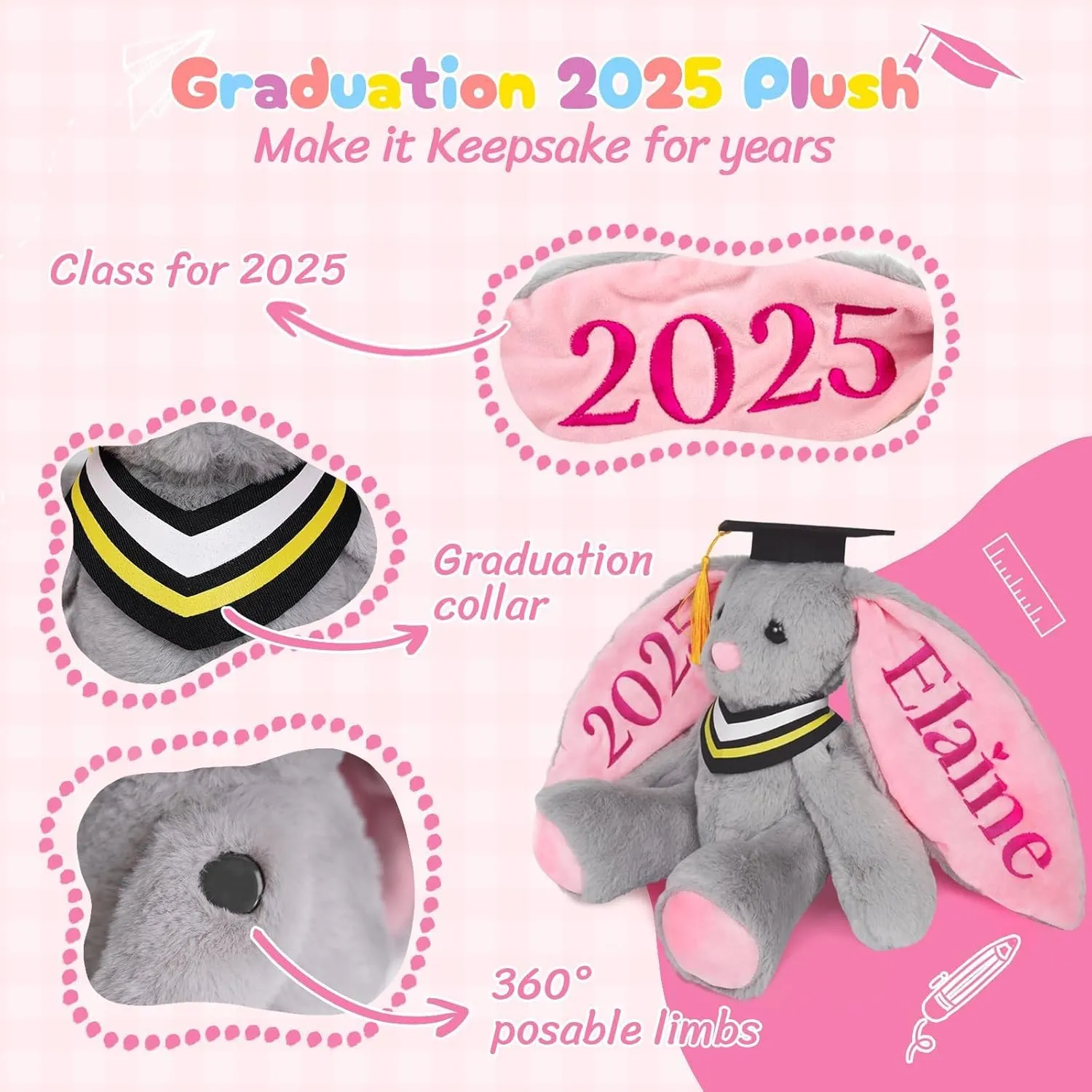 Custom Graduation Plush Bunny Gift 2025 for Her Him, Embroidered Bunny Graduation Stuffed Animal with Name for Kids Girls Boys, Kindergarten High School College Graduation Gifts