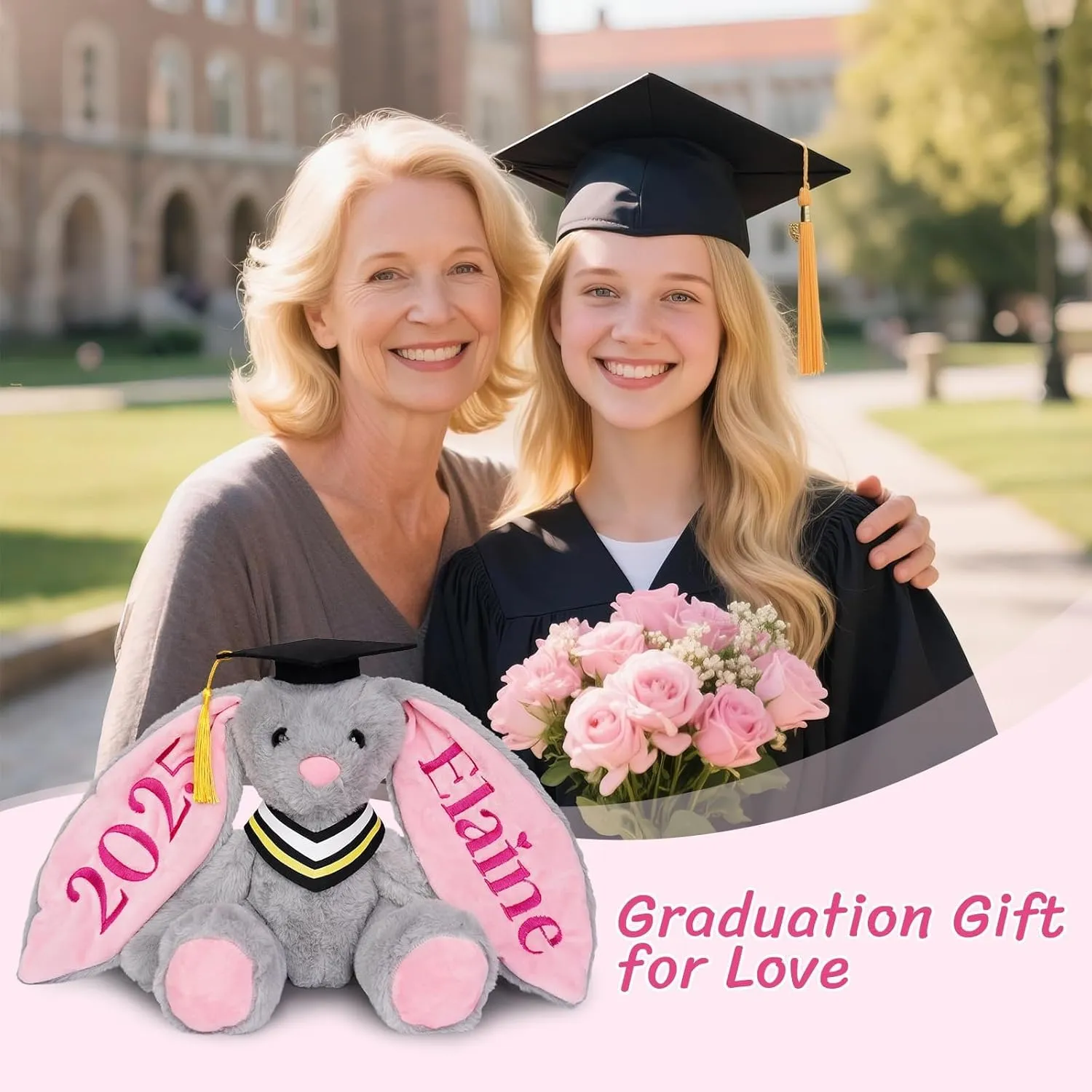 Custom Graduation Plush Bunny Gift 2025 for Her Him, Embroidered Bunny Graduation Stuffed Animal with Name for Kids Girls Boys, Kindergarten High School College Graduation Gifts