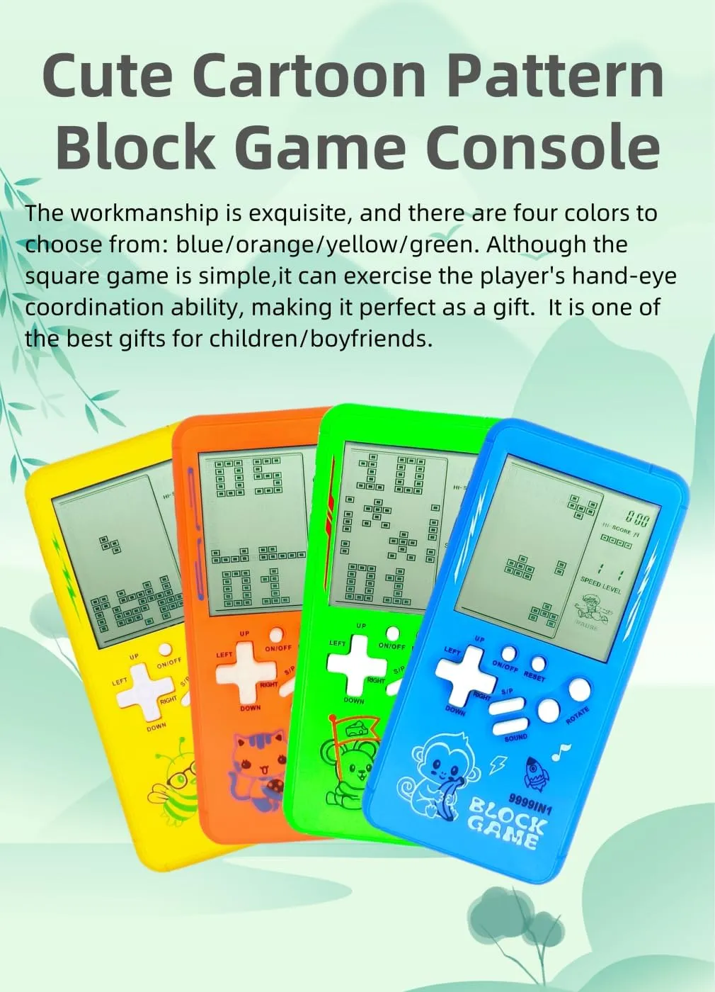 Cute Cartoon Pattern Brick Game Console Built-in Multi-Block Games Racing/Tank Battle Retro Pocket Game Machine Electronic Game Portable Toys for Children/Adults (Yellow)