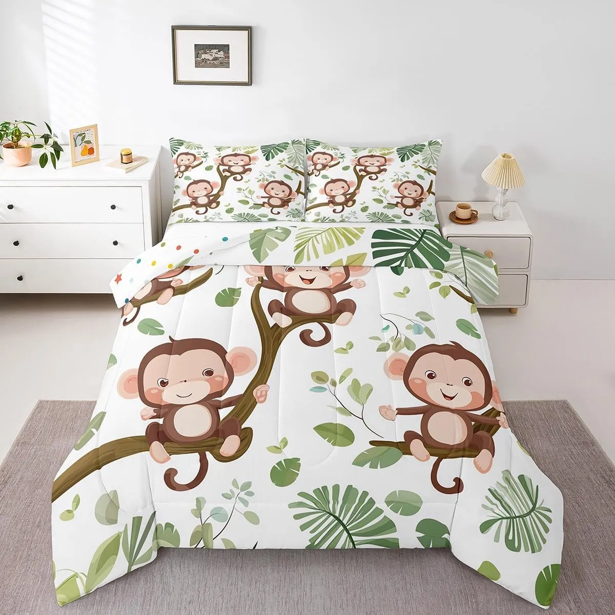 Cute Monkey Bedding Set Toddler Size Tropical Palm Leaves Comforter Set for Girls Boys Room Decor Kawaii Monkey Animal Down Comforter Cartoon Jungle Wildlife Quilt Set with 1 Pillowcase