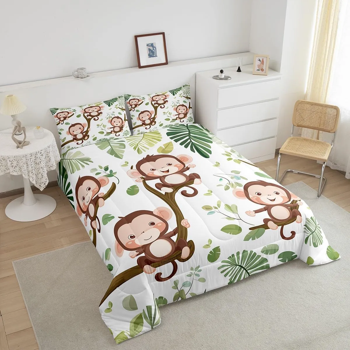 Cute Monkey Bedding Set Toddler Size Tropical Palm Leaves Comforter Set for Girls Boys Room Decor Kawaii Monkey Animal Down Comforter Cartoon Jungle Wildlife Quilt Set with 1 Pillowcase