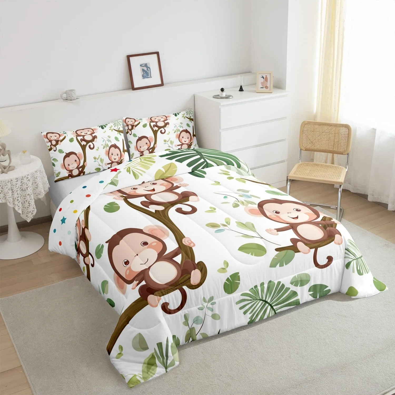 Cute Monkey Bedding Set Toddler Size Tropical Palm Leaves Comforter Set for Girls Boys Room Decor Kawaii Monkey Animal Down Comforter Cartoon Jungle Wildlife Quilt Set with 1 Pillowcase