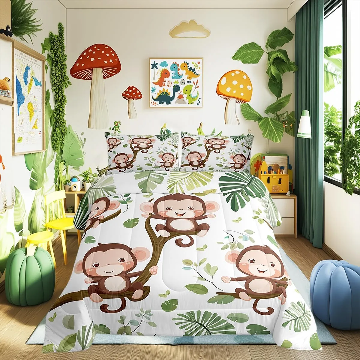 Cute Monkey Bedding Set Toddler Size Tropical Palm Leaves Comforter Set for Girls Boys Room Decor Kawaii Monkey Animal Down Comforter Cartoon Jungle Wildlife Quilt Set with 1 Pillowcase