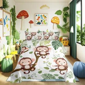 Cute Monkey Bedding Set Toddler Size Tropical Palm Leaves Comforter Set for Girls Boys Room Decor Kawaii Monkey Animal Down Comforter Cartoon Jungle Wildlife Quilt Set with 1 Pillowcase