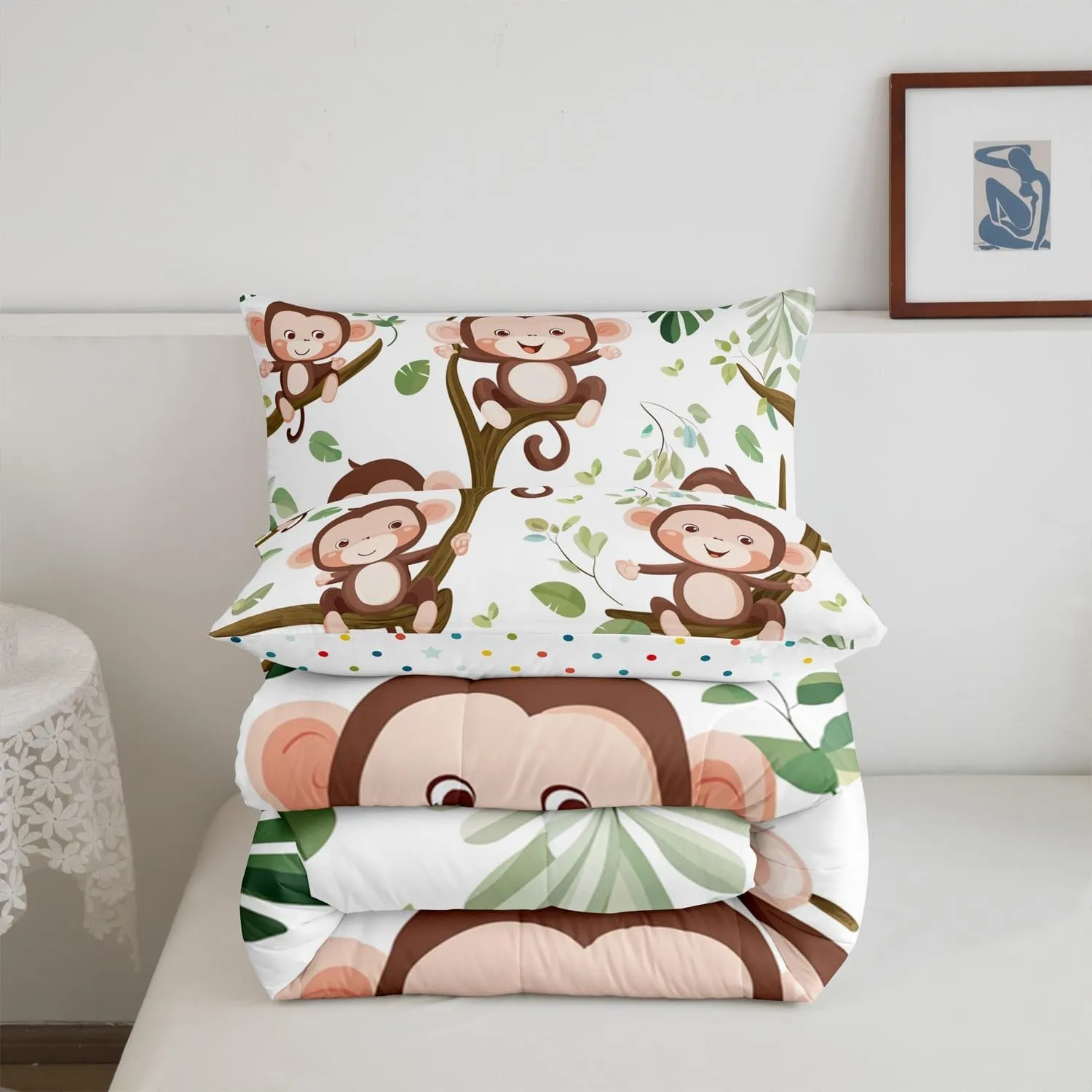 Cute Monkey Bedding Set Toddler Size Tropical Palm Leaves Comforter Set for Girls Boys Room Decor Kawaii Monkey Animal Down Comforter Cartoon Jungle Wildlife Quilt Set with 1 Pillowcase