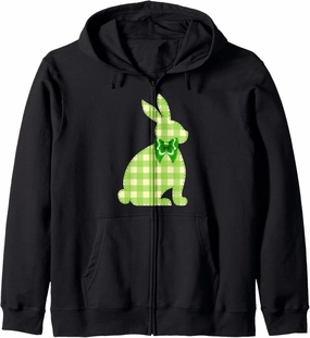 Cute Plaid Bunny Stitch Artwork Bow - Buffalo Check Rabbit Zip Hoodie