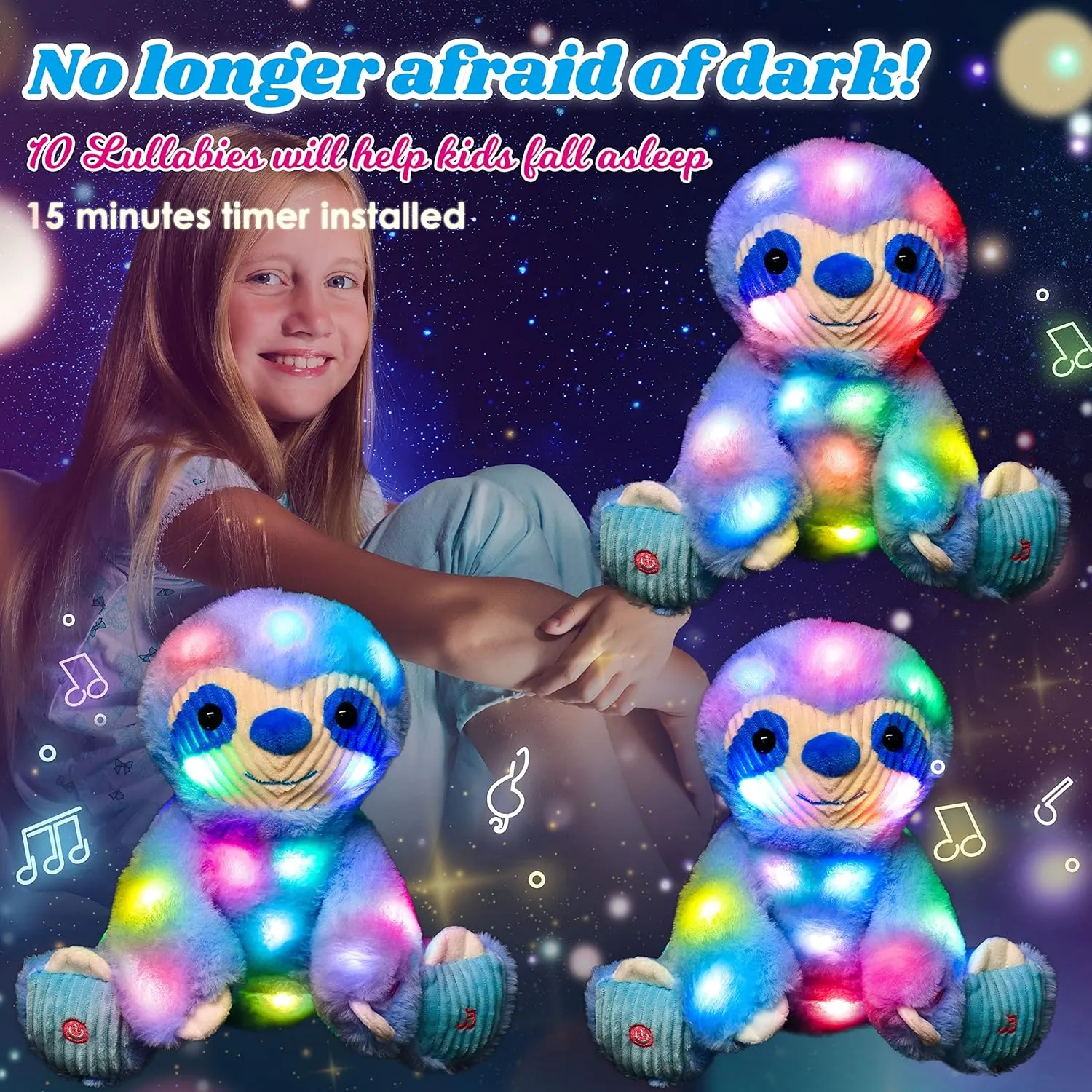 Cuteoy Blue Sloth LED Musical Stuffed Animal Light-up Singing Plush Adjustable Volume Lullaby Plushies Birthday Christmas Toy Gifts for Kids Toddler Girls, 13"