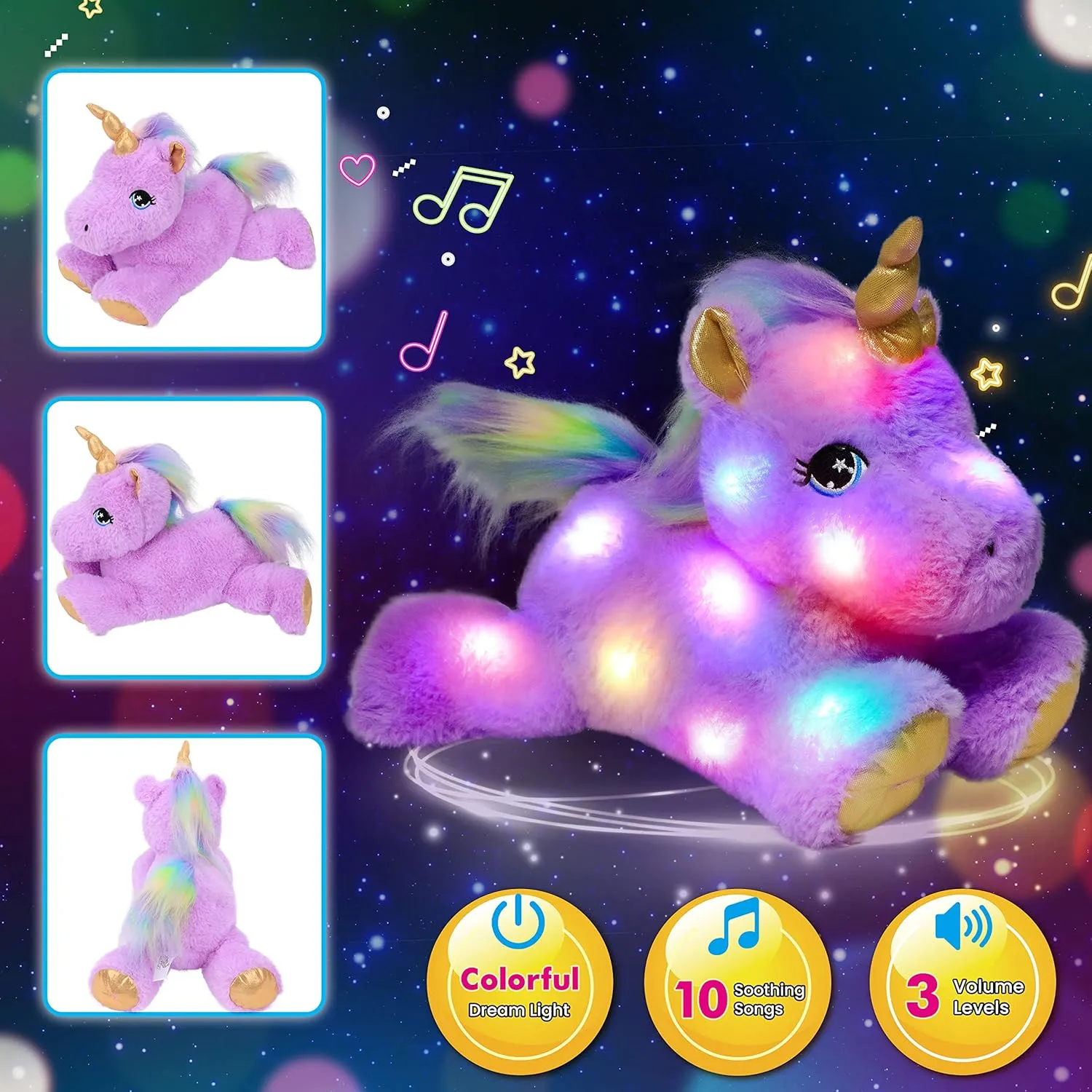 Cuteoy Musical Plush Purple Unicorn Stuffed Animal Glowing LED Light-up Nightlight Toys Singing Lullabies Birthday Christmas Plushies Gifts for Kids Boys Girls,13"