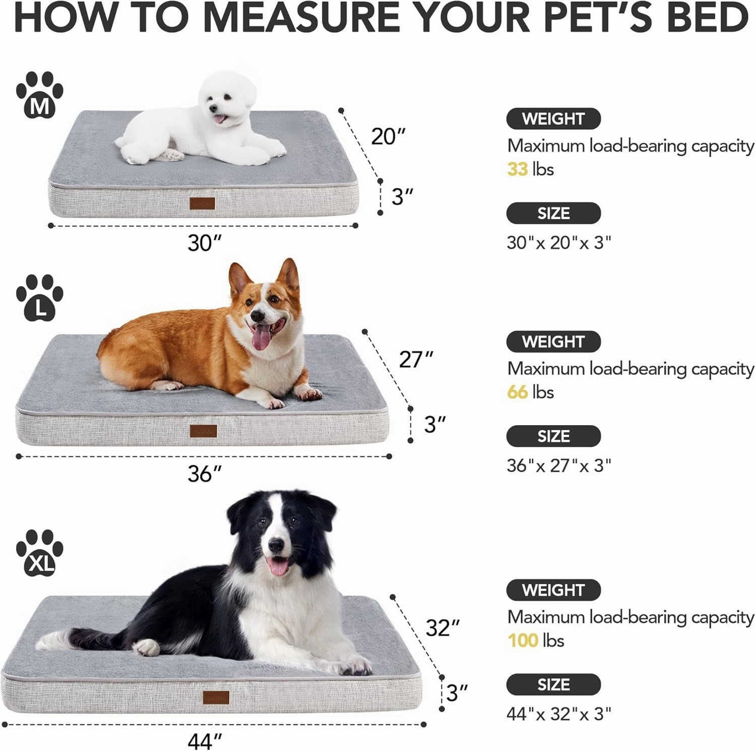 Deconovo Orthopedic Dog Bed with Anti-Slip Mat Design Removable Washable Cover Foam Pet Bed Mat, Pet Sleeping Mattress for Large, Medium, Small Dogs, 44x32x3 Inch, Light Grey