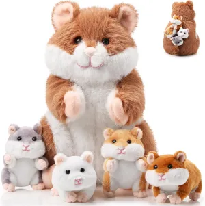 Deekin 5 Pcs Hamster Stuffed Animal Set 14 Inch Hamster Mommy with 4 Cuddly Plush Babies in Belly Cute Plush Toys Gifts for Kids Birthday Party Decor
