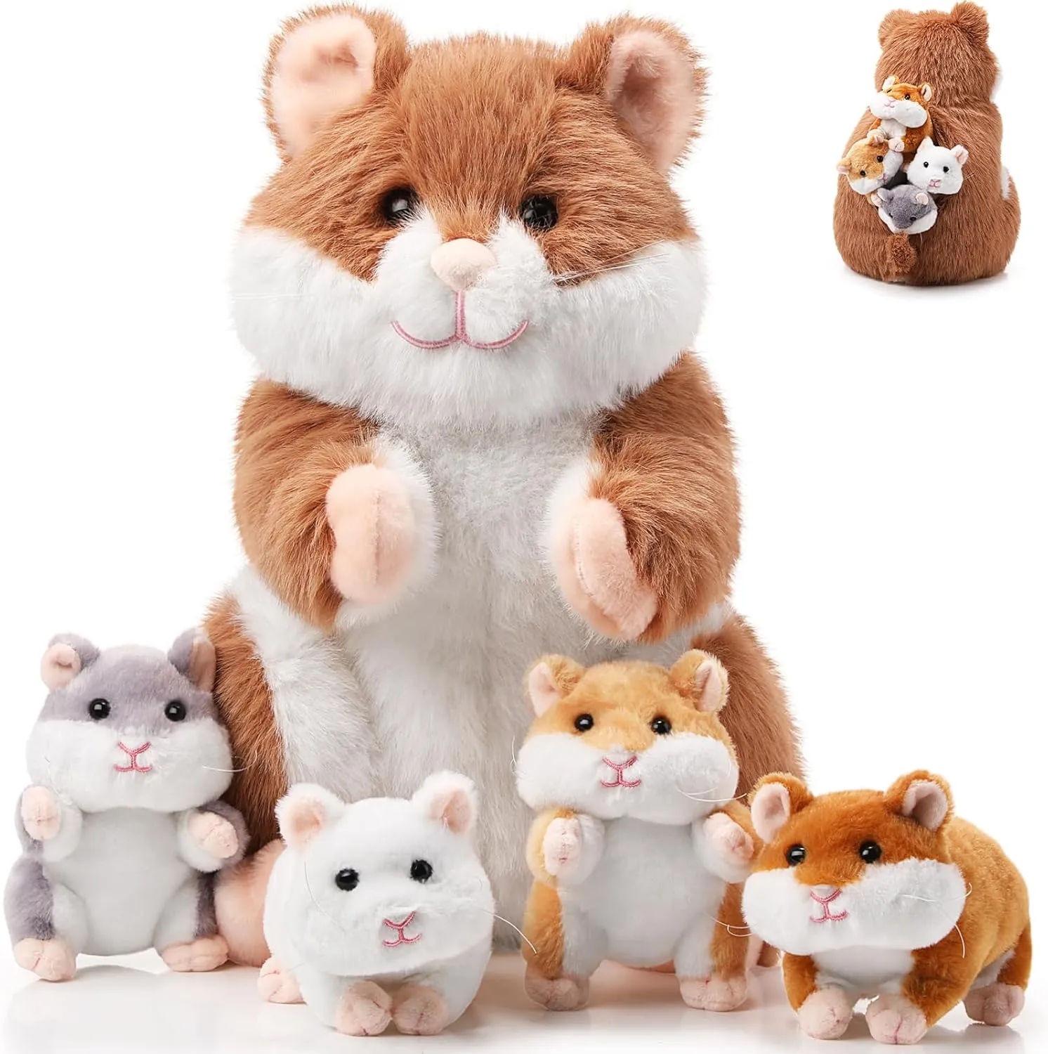 Deekin 5 Pcs Hamster Stuffed Animal Set 14 Inch Hamster Mommy with 4 Cuddly Plush Babies in Belly Cute Plush Toys Gifts for Kids Birthday Party Decor