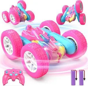 DEERC Rainbow Remote Control Car for Girls, Pink RC Cars Toy with LED Lights, 2.4 GHZ Double Sided RC Stunt Drift Car 360°Rotating, All Terrain RC Crawler Gift for Kids, 40  Mins Running Time