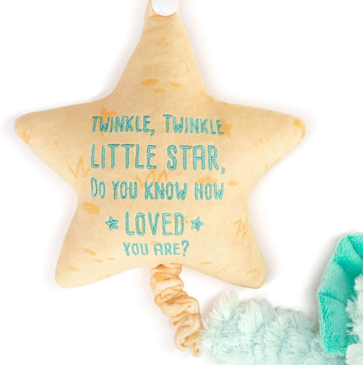 DEMDACO Musical Pull Toy 22 x 6 Inch Polyester, Soft Cuddly, Plush Stuffed Animal, Plays Twinkle, Twinkle, Little Star, Teal and Yellow, Triceratops