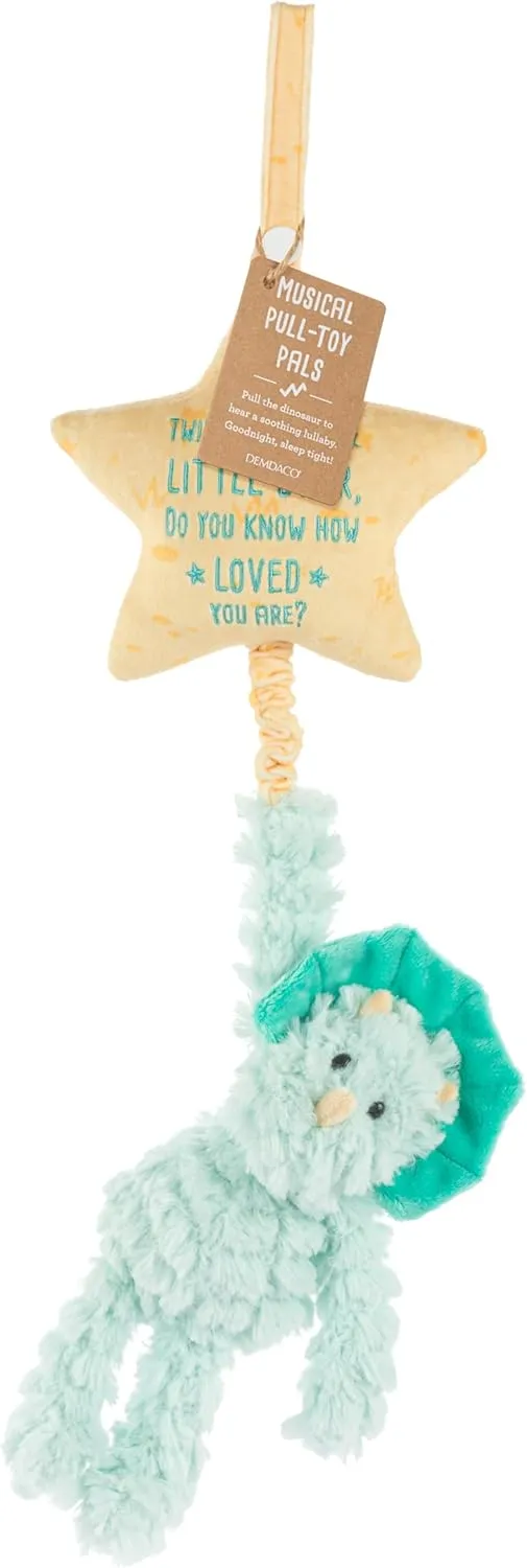 DEMDACO Musical Pull Toy 22 x 6 Inch Polyester, Soft Cuddly, Plush Stuffed Animal, Plays Twinkle, Twinkle, Little Star, Teal and Yellow, Triceratops