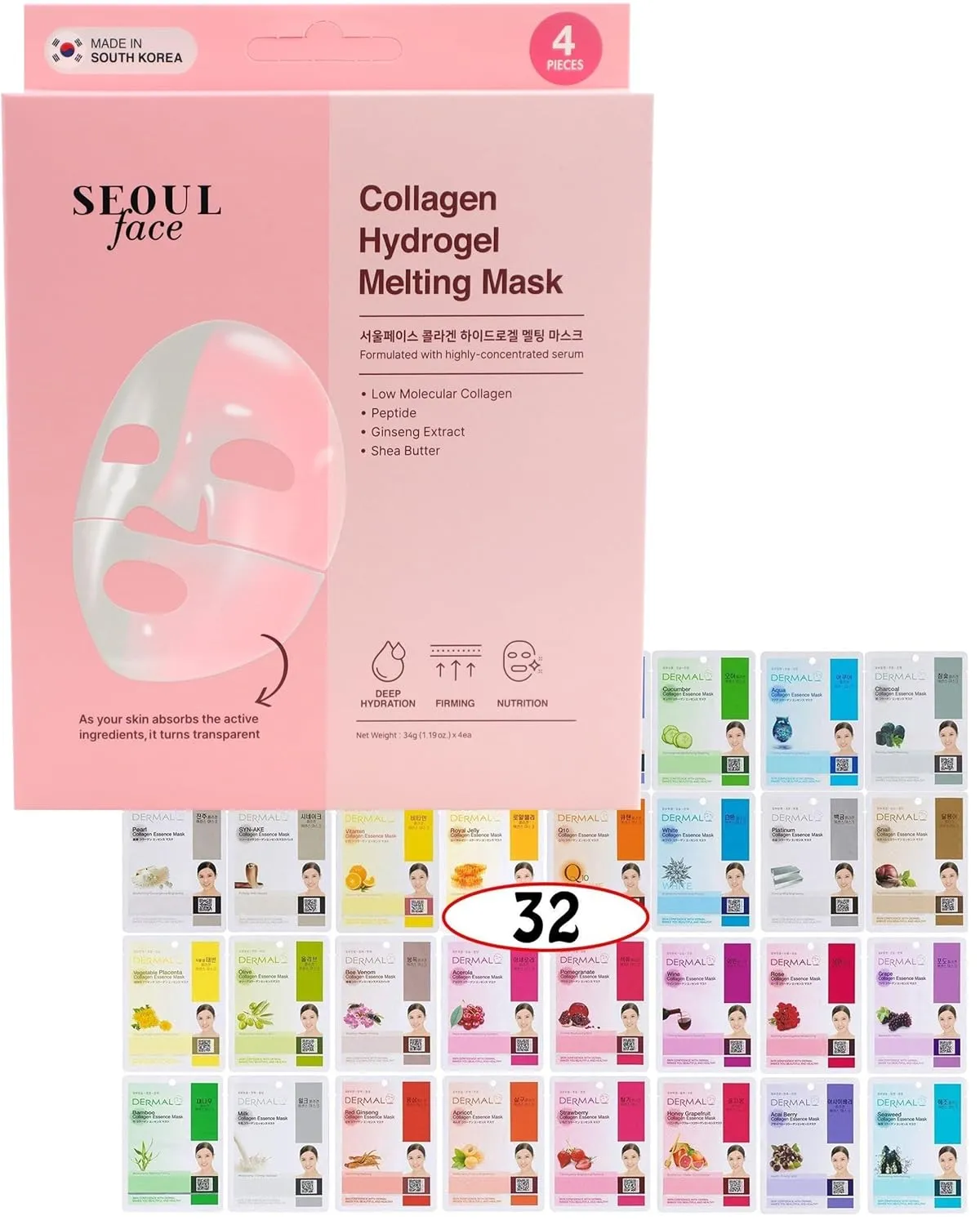 DERMAL 32 Combo Sheet Mask   Collagen Hydrogel Melting Jelly Gel Mask 4ea Bundle