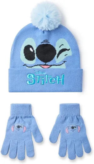 Disney Lilo & Stitch Girls Beanie Hat & Gloves Set | Blue Knitted Winter Hat with Stitch Character Face | Kids One Size Pom Pom Beanie with Heat Transfer Print Gloves | Classic Movie Merchandise Gift