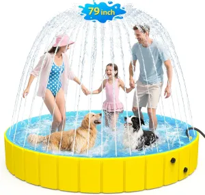 Dog Pool with Sprinkler, 79'' Foldable Dog Pools for Large Dogs, 2-in-1 Heavy Duty Cooling Bath Tub, PVC Non-Slip Pet Pool Outdoor Backyard Summer Toys,Portable Water Play for XL Dogs Puppies