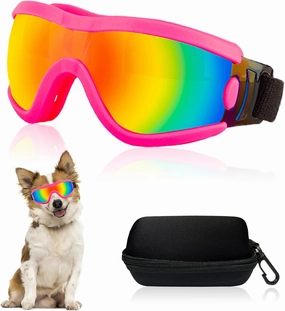 Dog Goggles Small Breed Dog Sunglasses with Adjustable for UV Protection Eyewear Doggy Doggie Puppy Glasses Anti-Fog Wind Dust Snowproof (Pink Frame Red Lens)