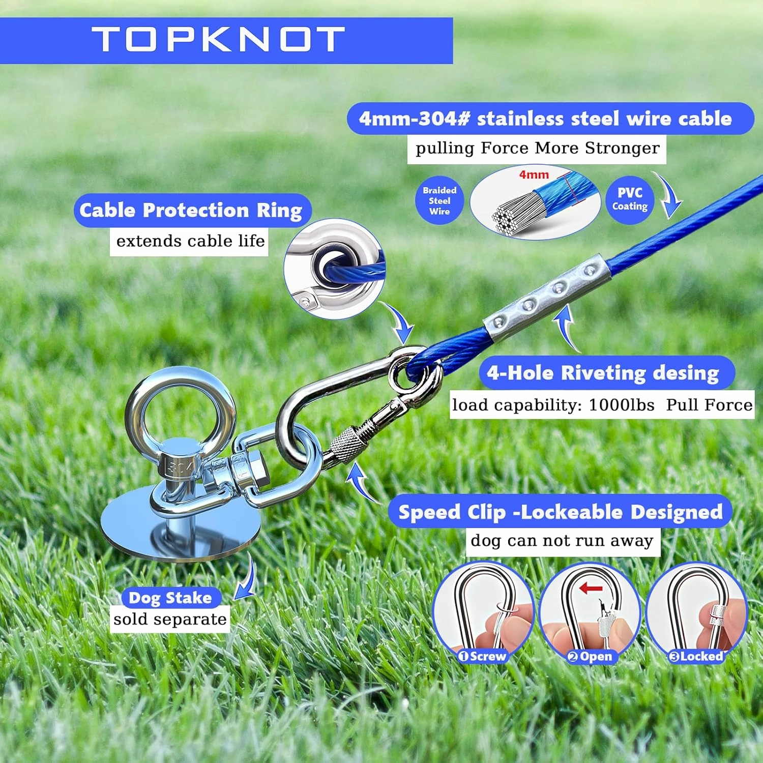 Dog Tie Out Cable and Stake,with 20FT Heavy Duty Cable,360°Swivel Dog Run- No Tangle,Runner for Yard R- Up to 150LBS,Ideal for Outdoor Camping