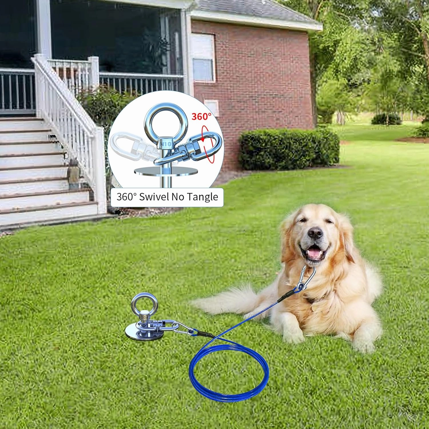 Dog Tie Out Cable and Stake,with 20FT Heavy Duty Cable,360°Swivel Dog Run- No Tangle,Runner for Yard R- Up to 150LBS,Ideal for Outdoor Camping